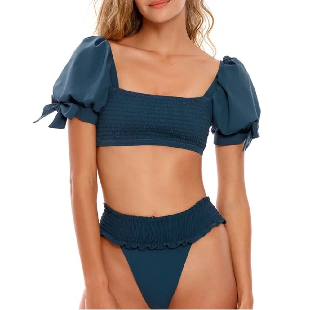New Agua Bendita x Free People Tessa L Blue Teal HighWaist Smocked-Waist Bottoms